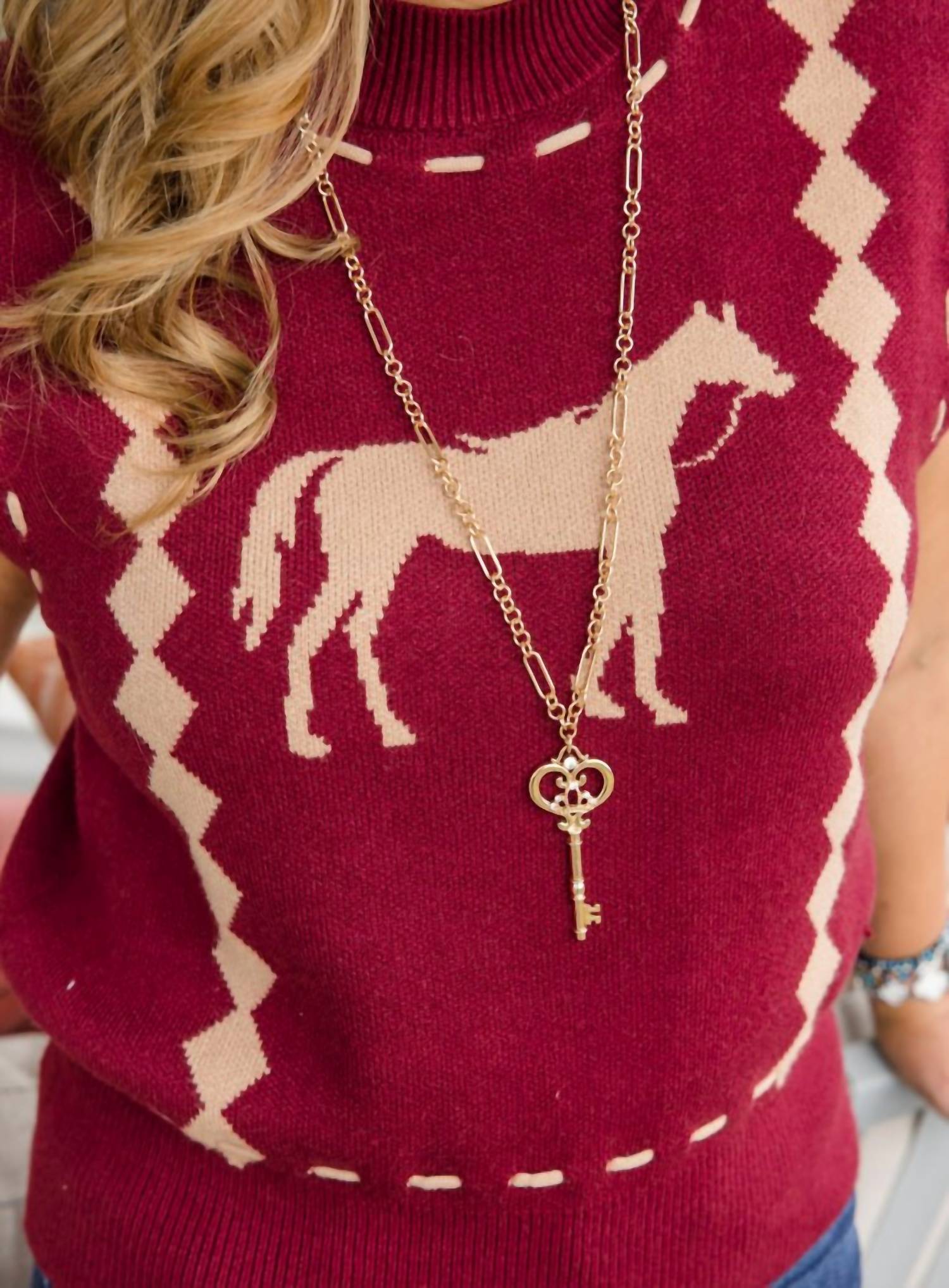 THML Sleeveless Horse Knit Vest in burgundy - women's blouse - detail view