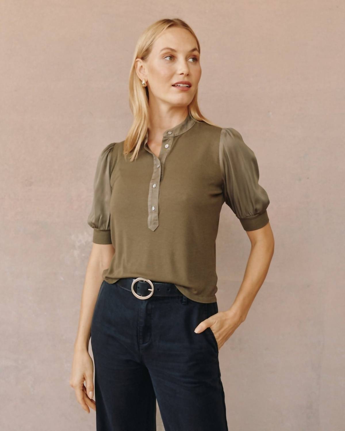 Bella Dahl - Puff Sleeve Placket Mixed Blouse