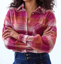 TRIBAL Oversized Flannel Fringed-Hem Shirt in plumwine - women's shirt - view 4