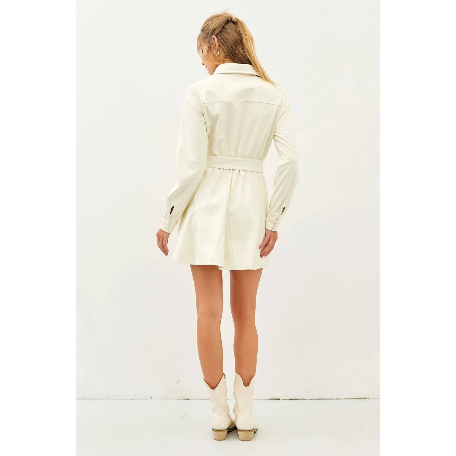 Idem Ditto - BELTED FAUX LEATHER BUTTON DOWN GODET MINI DRESS