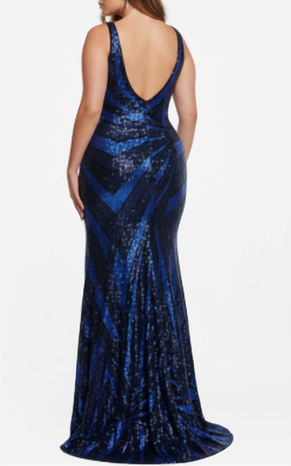 JOVANI V-Neck Gown with Front Drape Detail in blue - women's dress - detail view