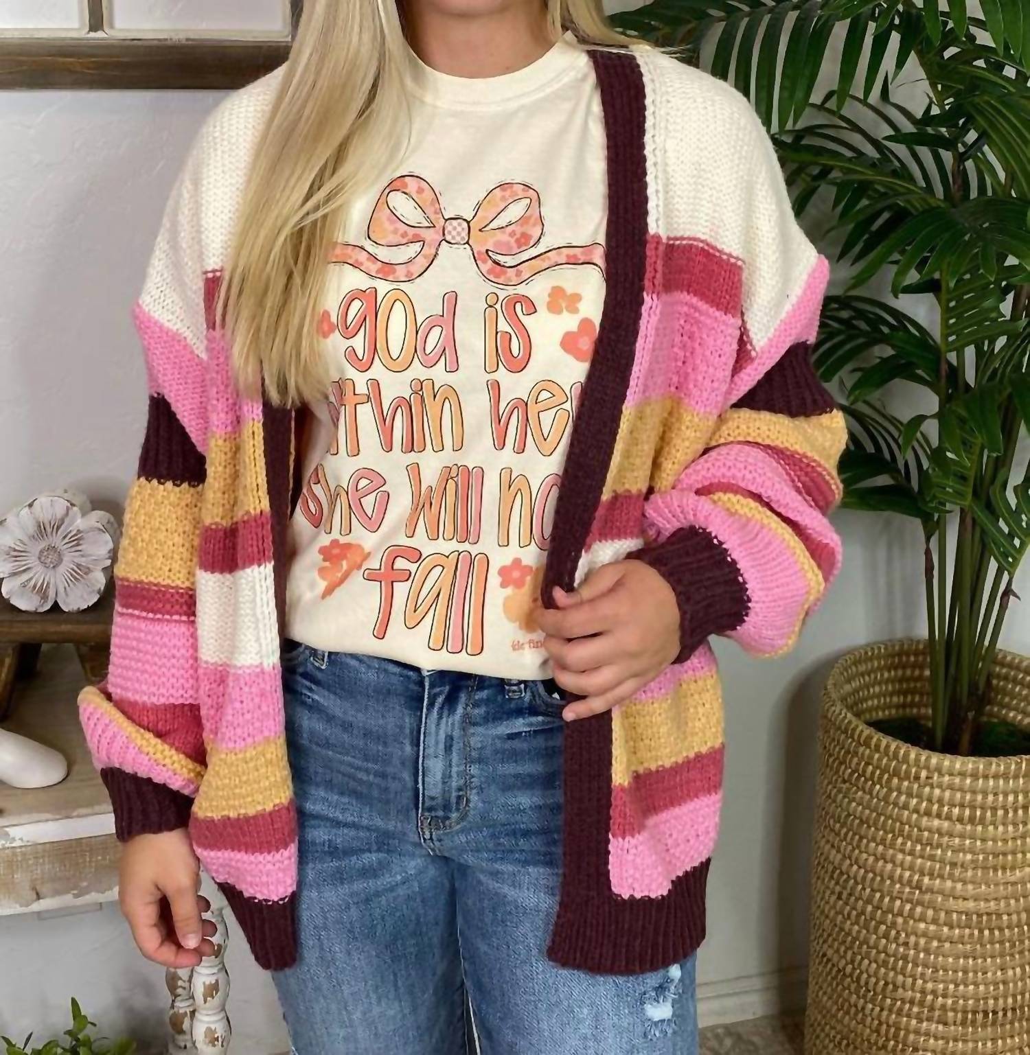 ee:some Long Sleeve Striped Cardigan in berry and tan - women's cardigan