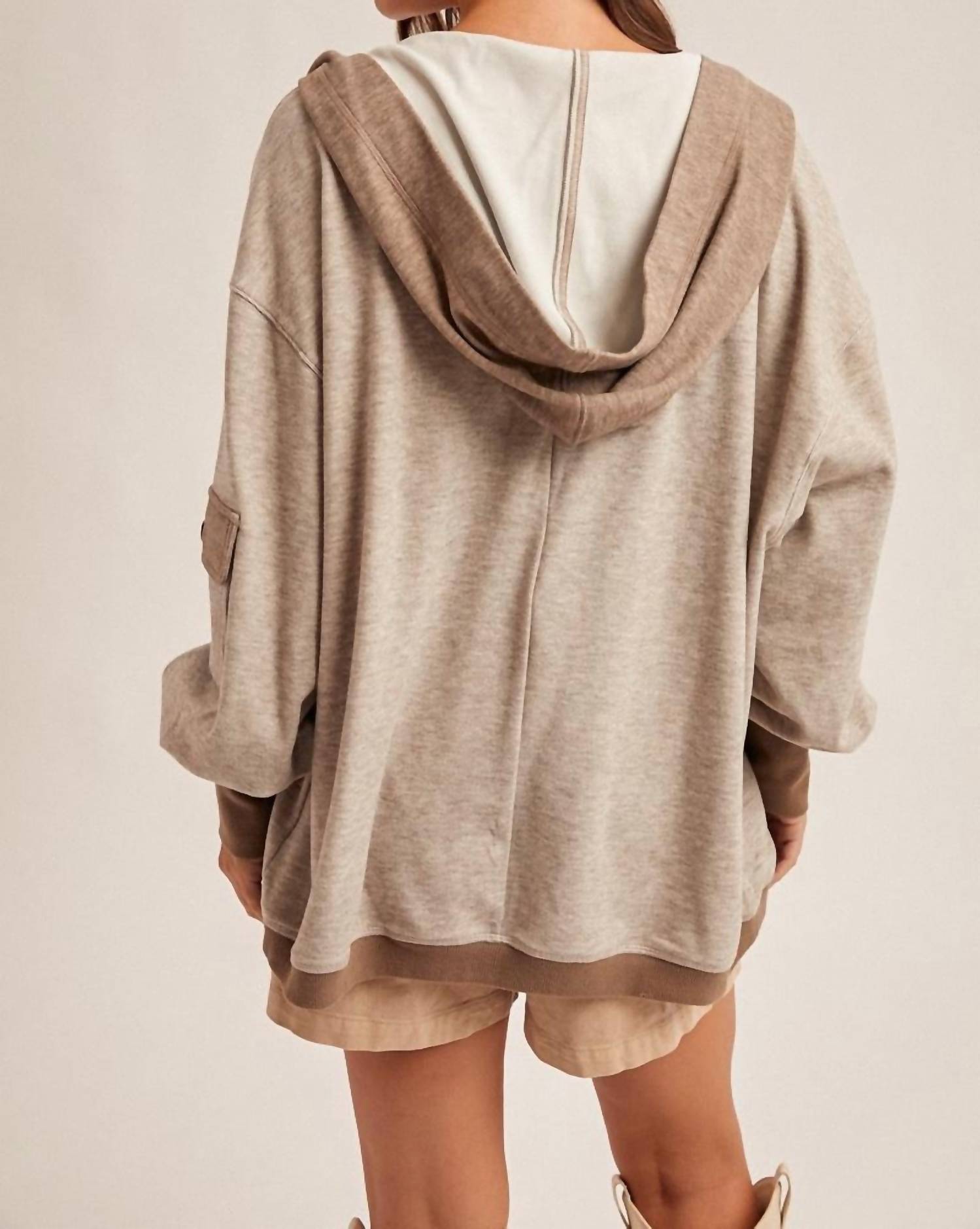 Hem & Thread Cozy Cargo Cardigan in mocha - women's cardigan - detail view