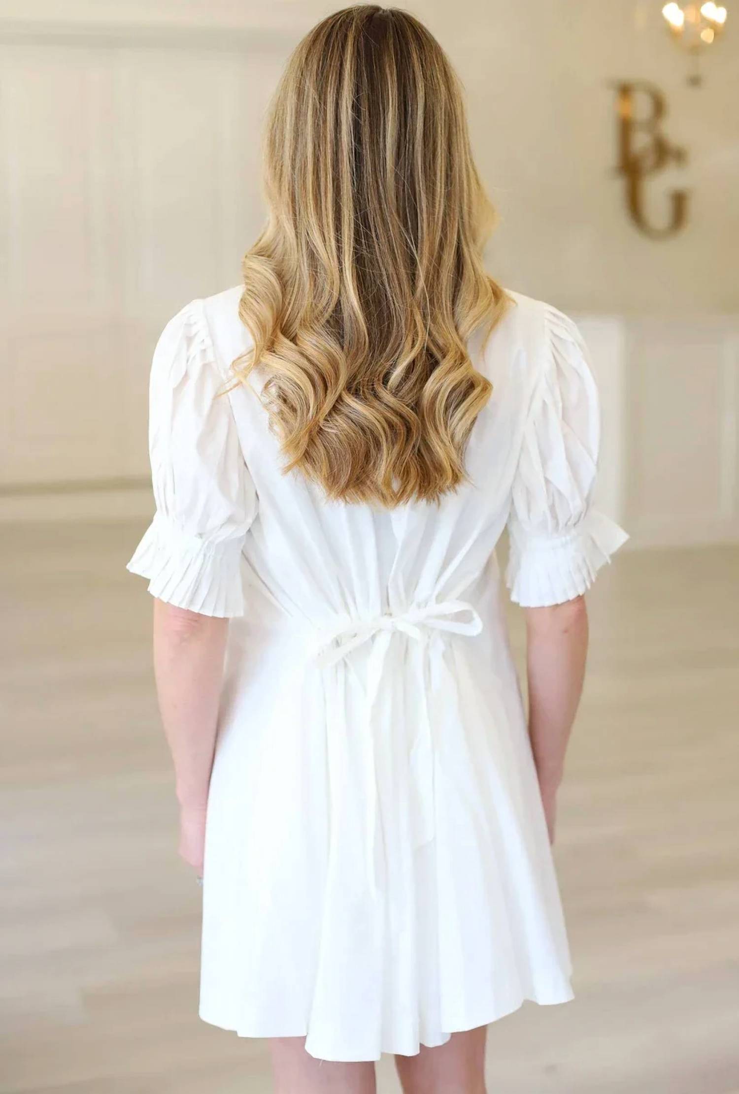 Karlie - Solid Poplin Ruffle Neck Pleat Back Tie Dress