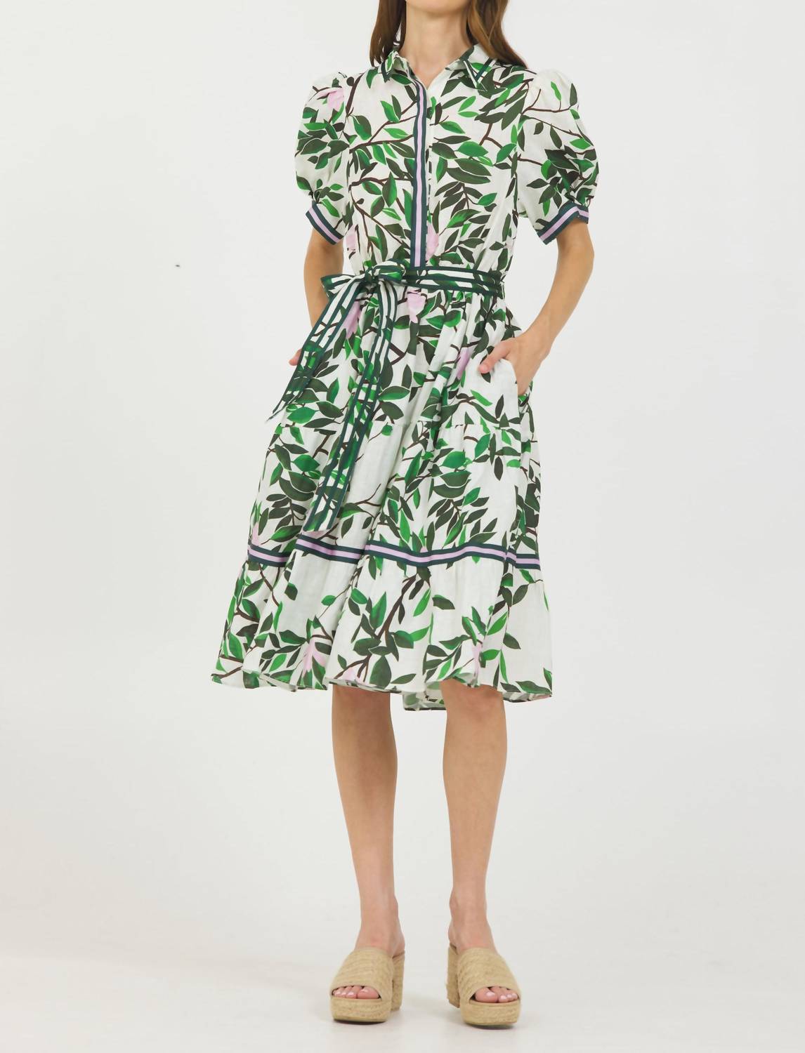 Stellah - Magnolia Print Short Sleeve Button Closure Belted Shirt Dress