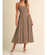 Klesis - Striped Back Buckle Piping Detail Midi Dress