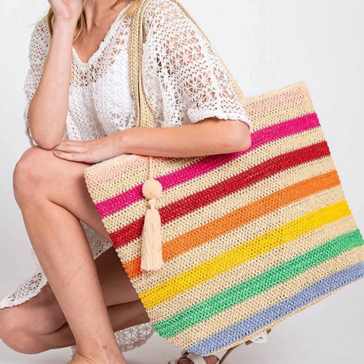 3Am By H&D Accessories - Women's Pom Pom Tassel Rainbow Striped Straw Crochet Tote Bag
