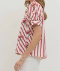 Entro - Striped Puff Sleeve Top with Embroidery