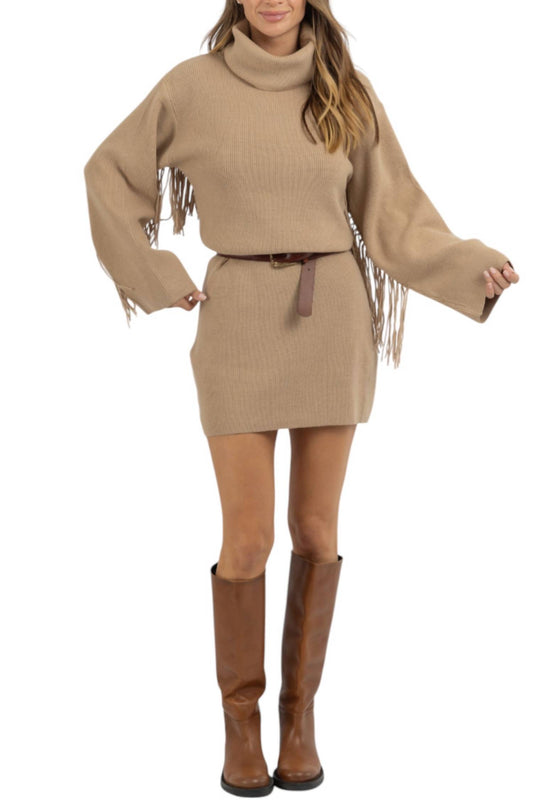 Crescent - CHARLEY TAN FRINGED SWEATER MINI DRESS