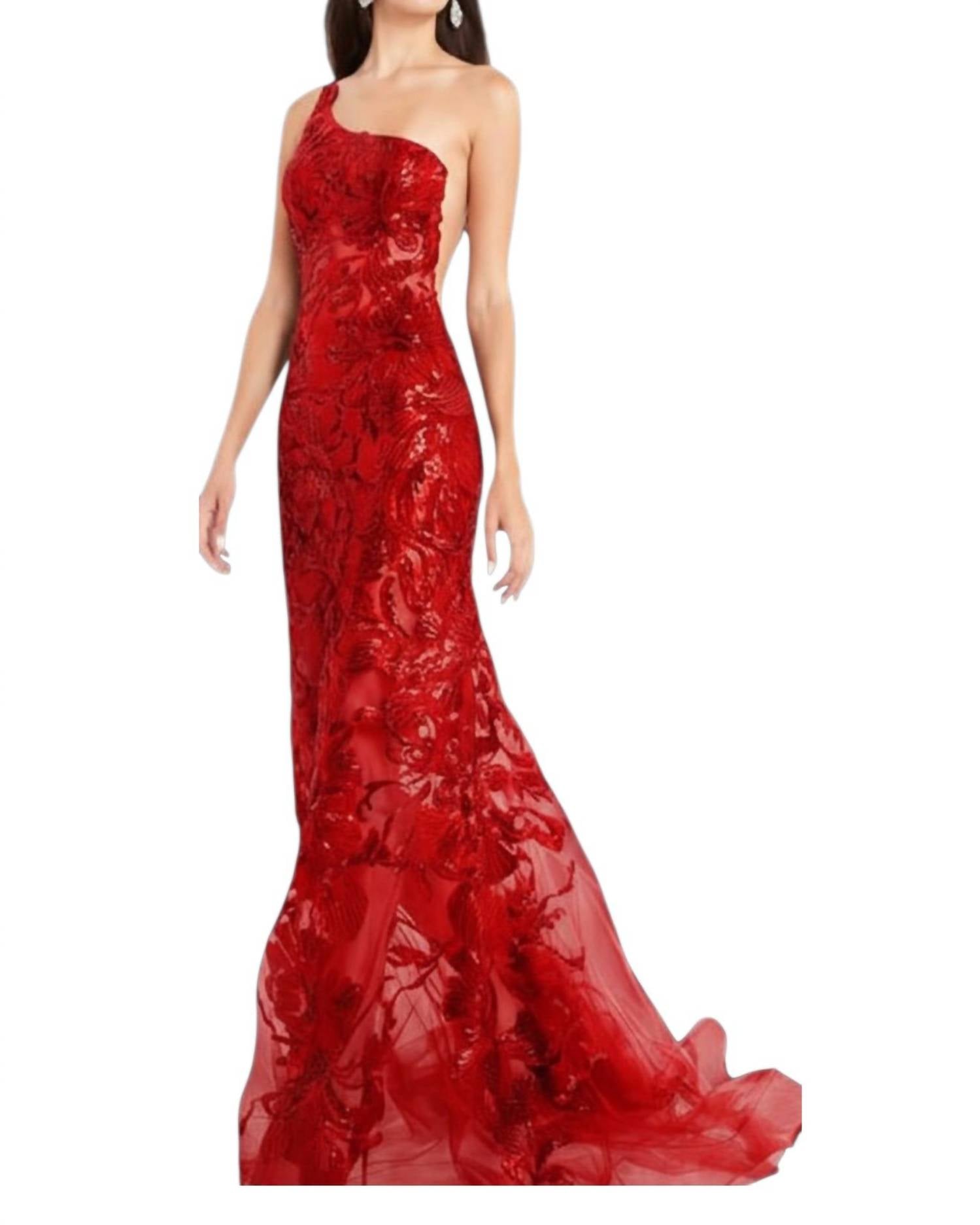 JOVANI One Shoulder Embellished Evening Gown in red - women's dress