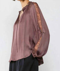 current air Lace Contrast Sleeve Ruffle Detail Blouse in purple - women's blouse - detail view