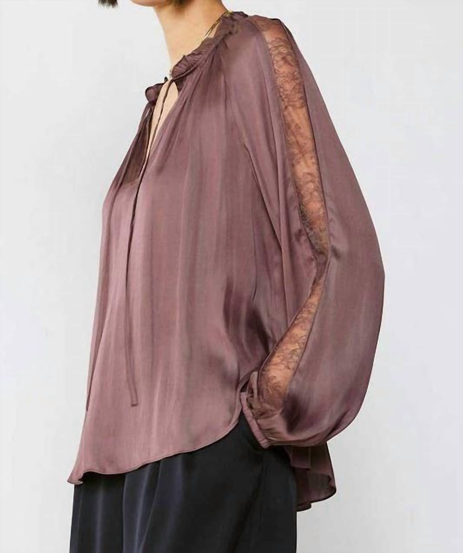 current air Lace Contrast Sleeve Ruffle Detail Blouse in purple - women's blouse - detail view