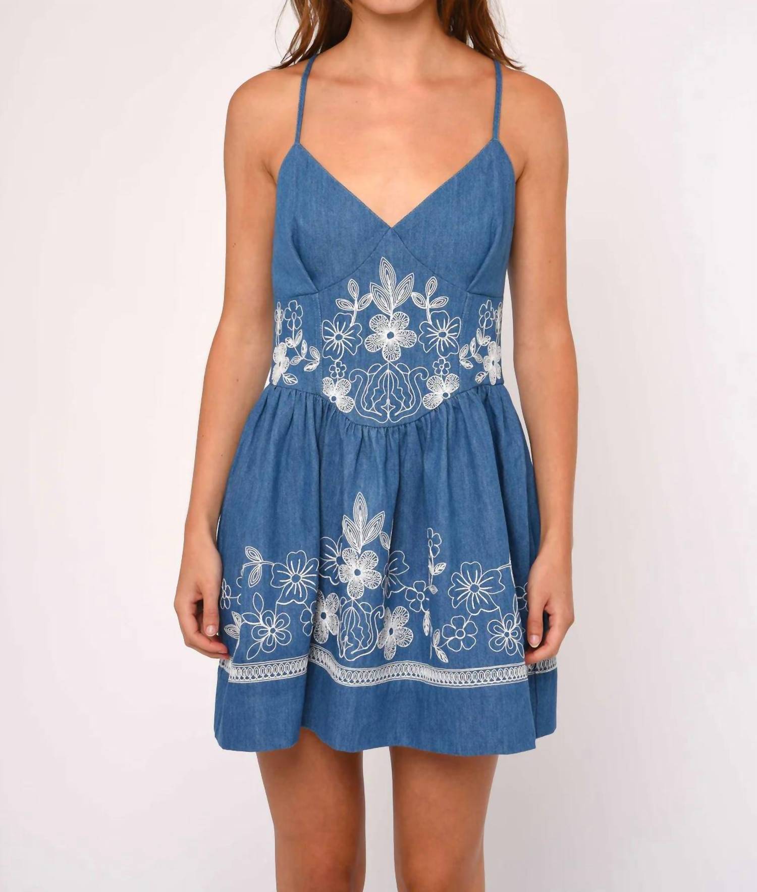 LOVE THE LABEL Nicks Mini Dress in wythe embroidered denim - women's dress