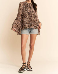 DAVI & DANI Vintage Ruffle Sleeve Boho Blouse in leopard brown - women's blouse - view 7