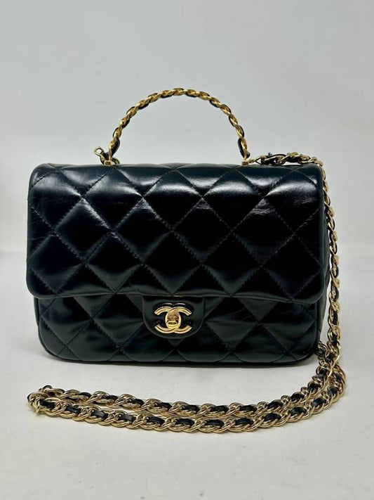Chanel - Preloved Quilted Lambskin Flap Bag With Gold Top Handle And Crossbody Chain