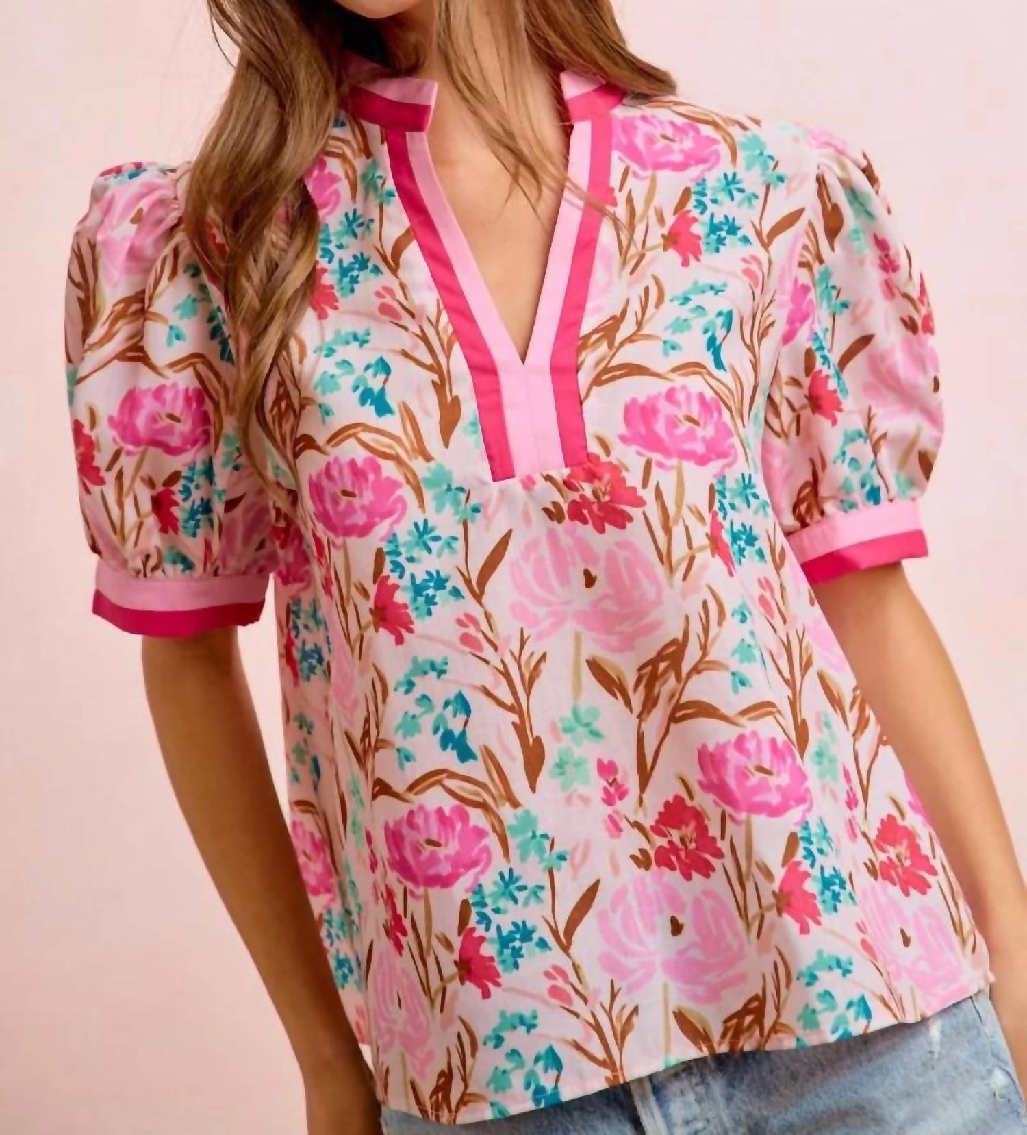 Bibi - Chelsea Floral Puff Sleeve Contrast Trim Blouse