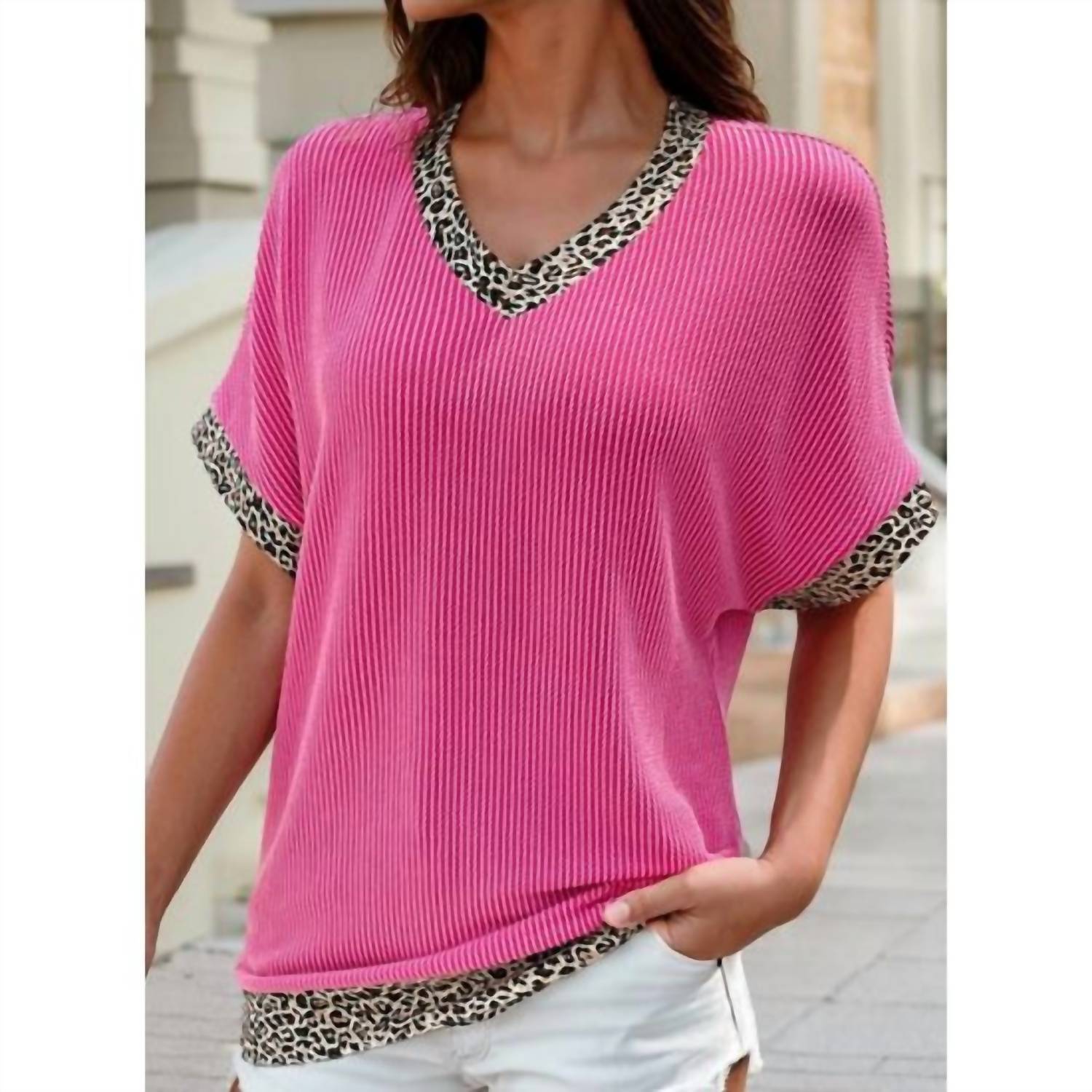 1 The Woman - Leopard Trim Ribbed Top