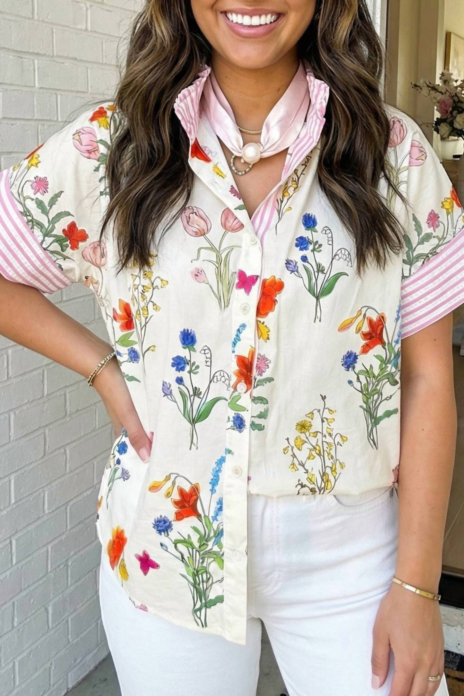 La Society - Floral Striped Printed Button Top
