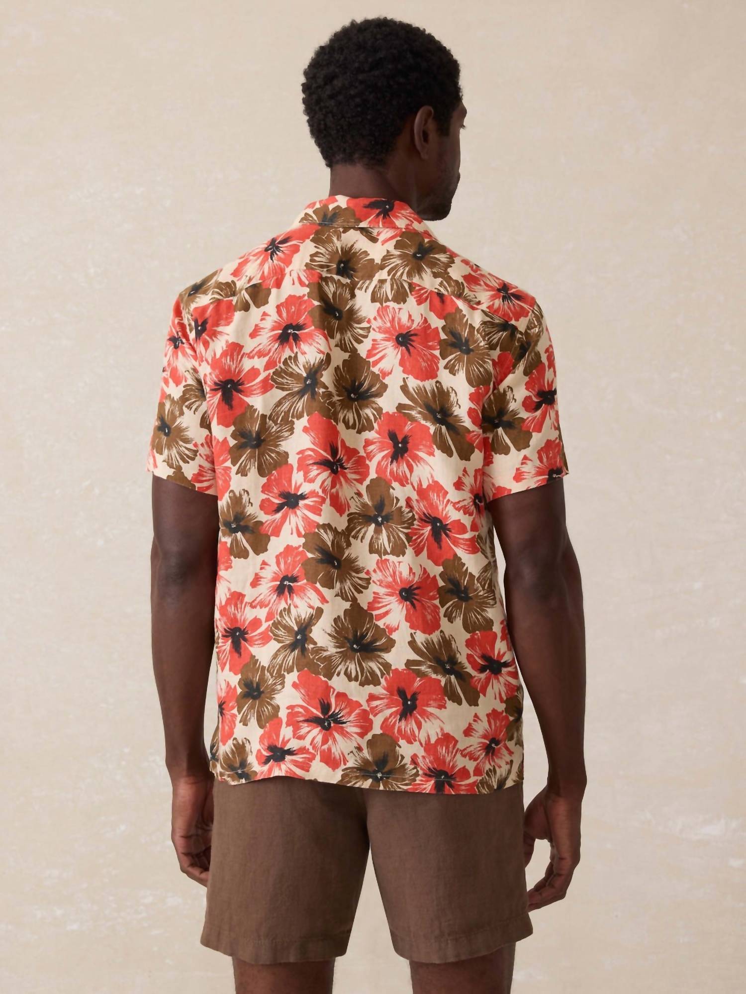 Faherty Reserve Basque Short Sleeve Camp Shirt in wildwood poppy - men's shirt - detail view