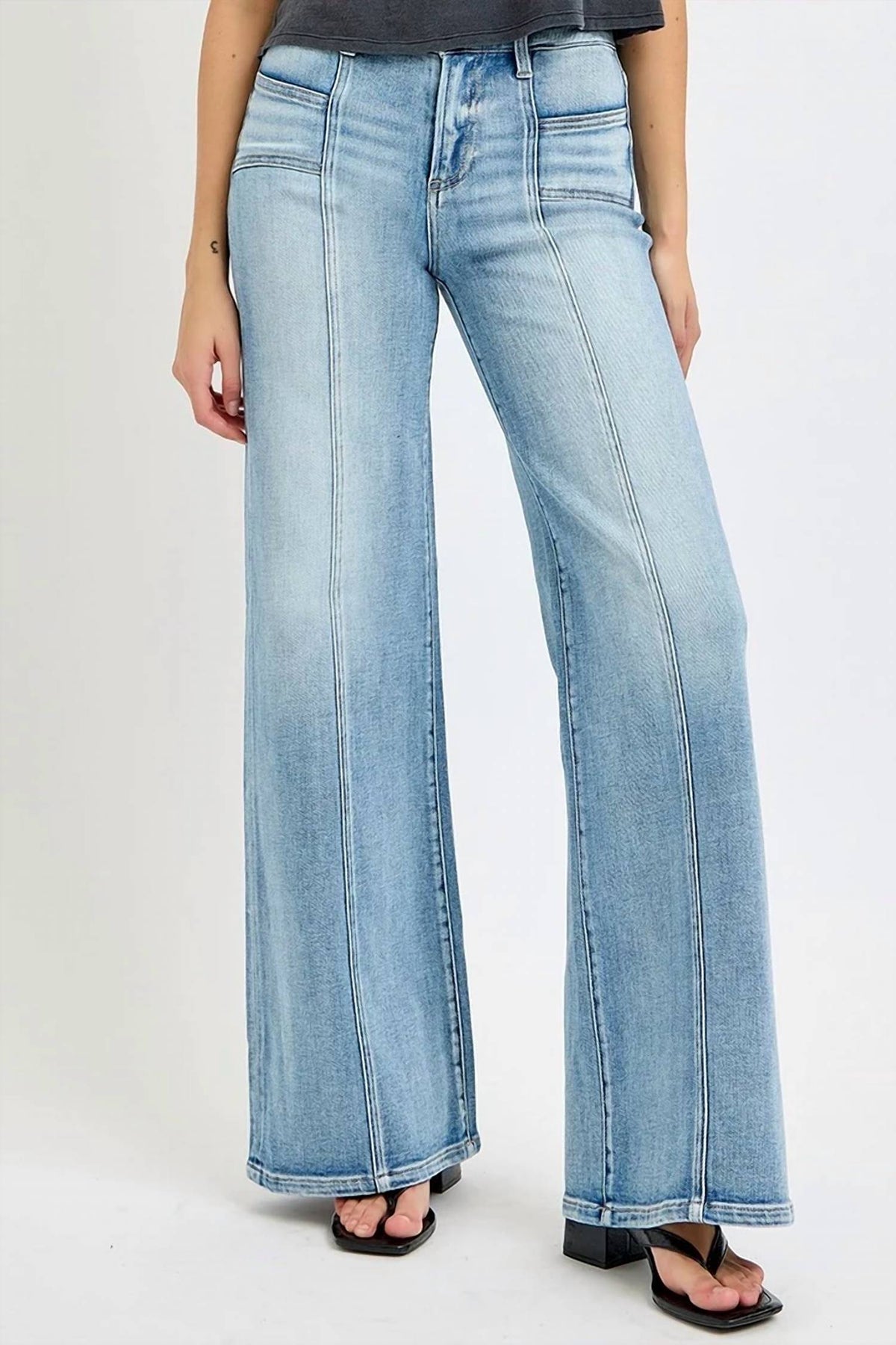 Risen - Mid Rise Wide Leg Jeans With Front Patch Pockets