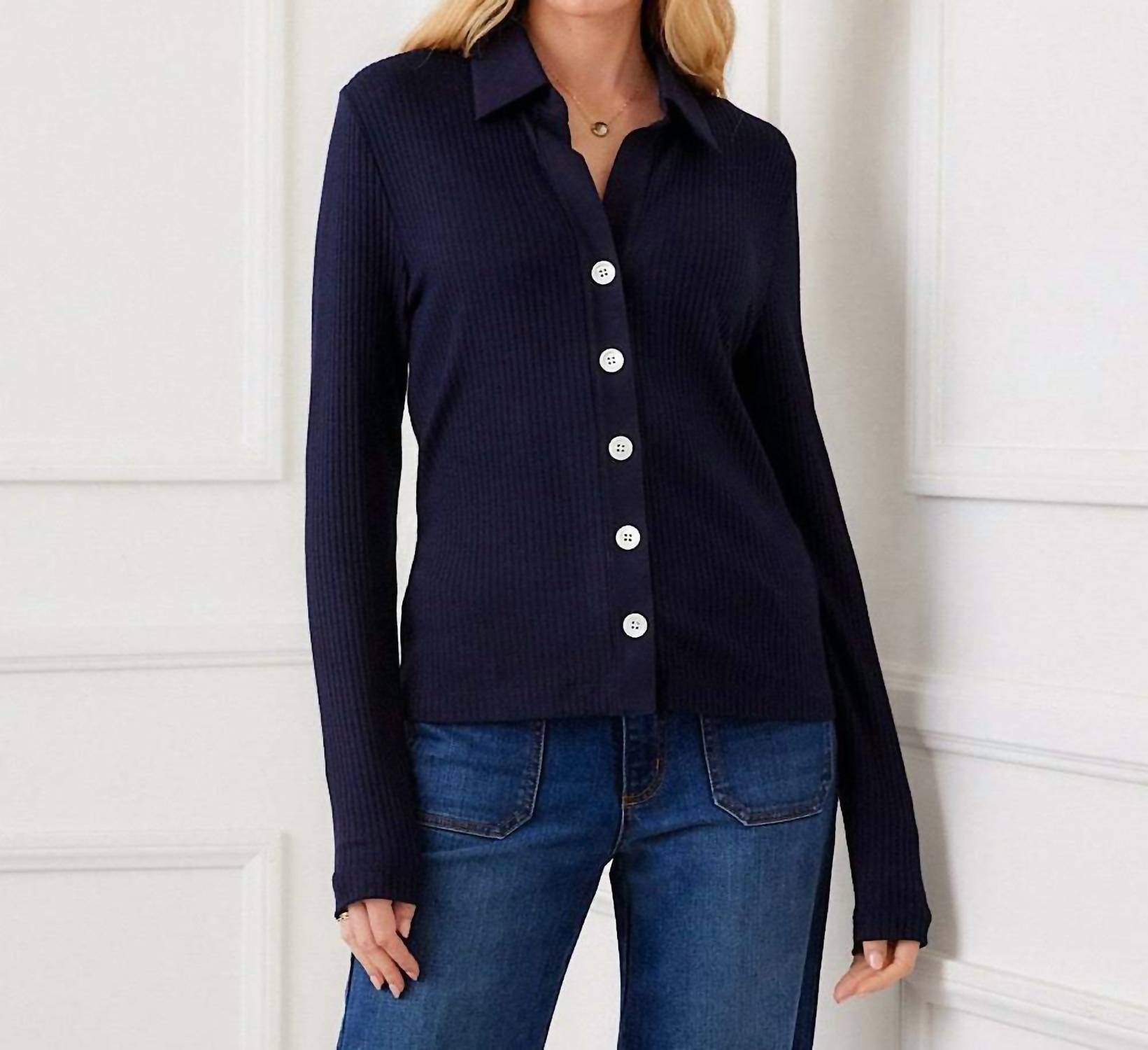 Karen Kane - Ribbed Long Sleeve Button Front Top