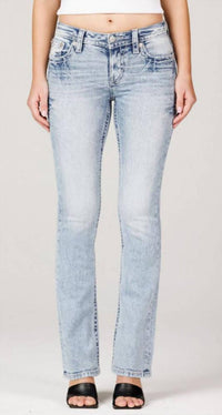 Miss Me Women's Mid Rise Boot Cut Stretch Patriot Jean in light blue - women's jeans