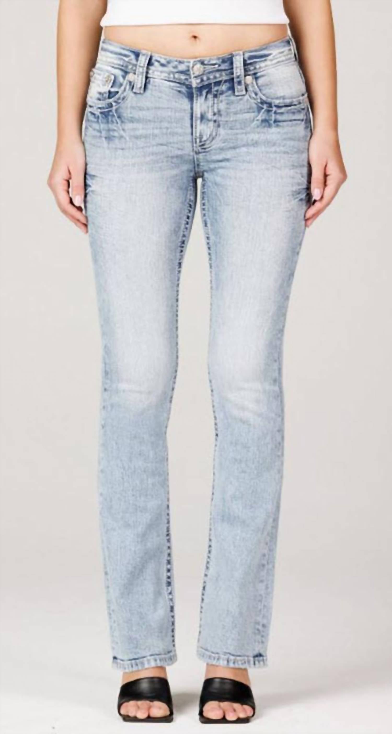 Miss Me Women's Mid Rise Boot Cut Stretch Patriot Jean in light blue - women's jeans