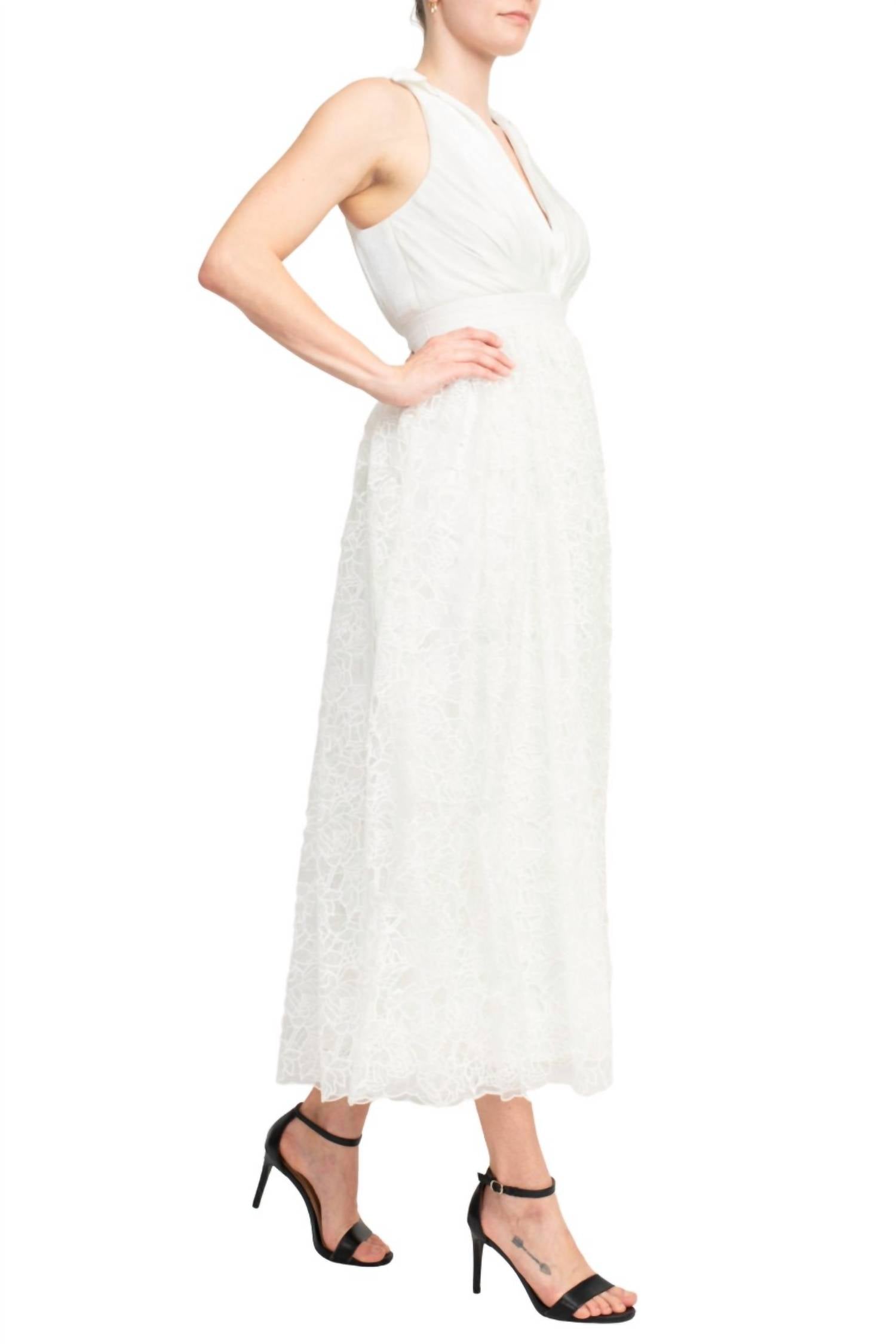 Badgley Mischka - Crepon-paneled Guipure Lace Midi Shirt Dress