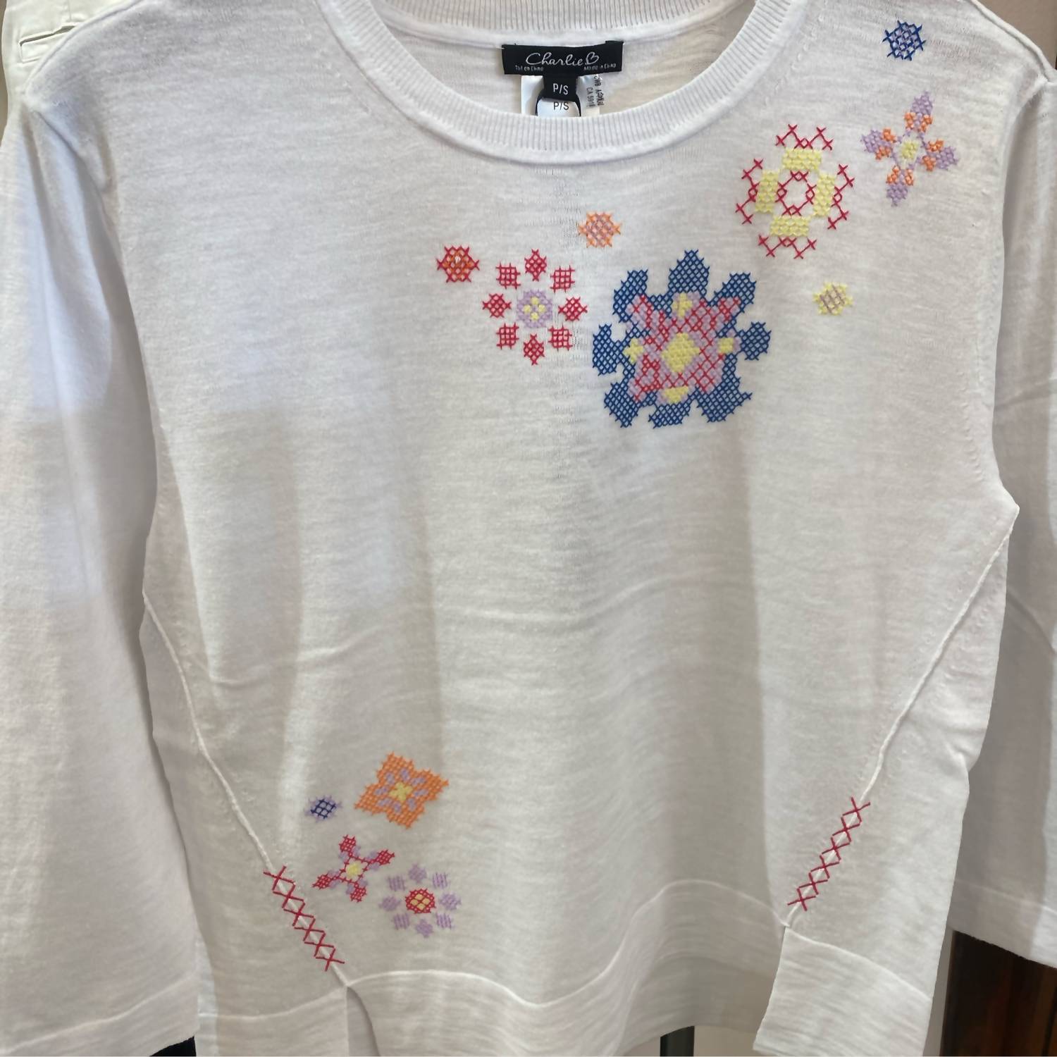 CHARLIE B Women's Cross Stitch Embroidered Sweater in white - women's sweater