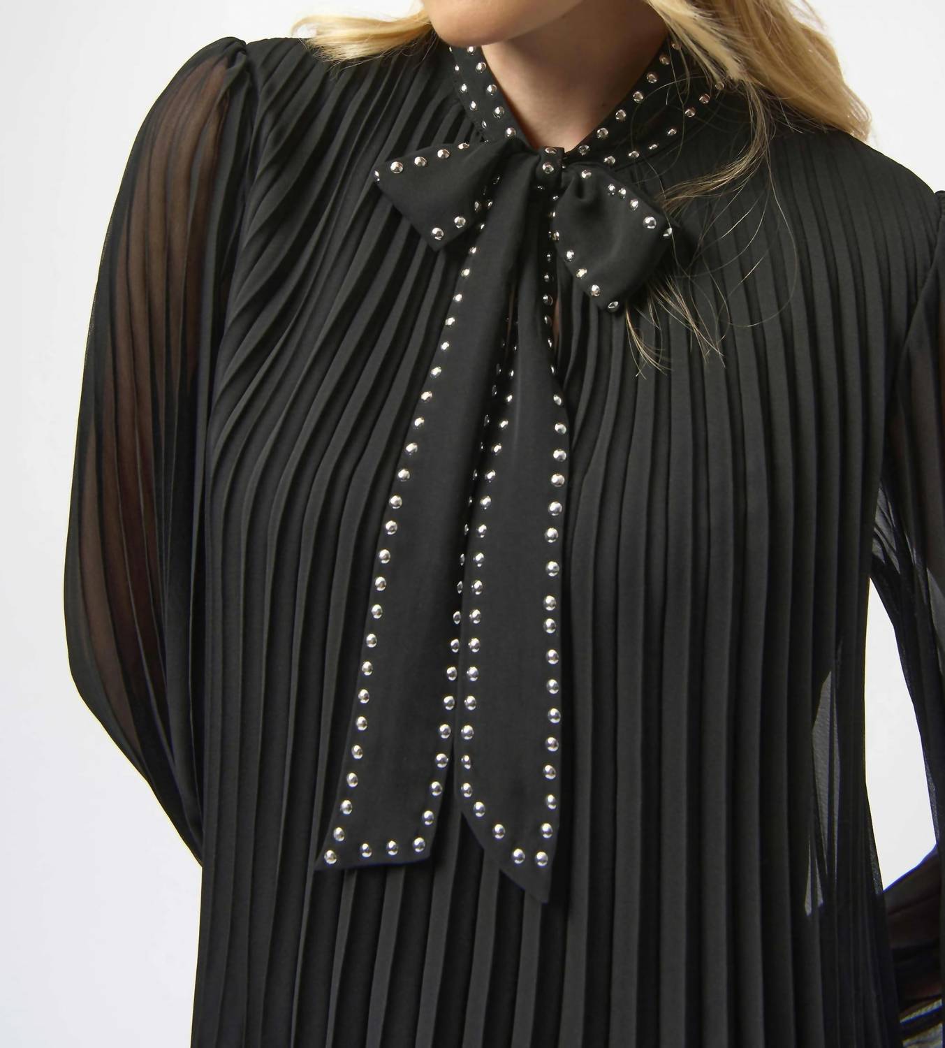 Joseph Ribkoff - Pleated Chiffon A-Line Dress with Neck Tie