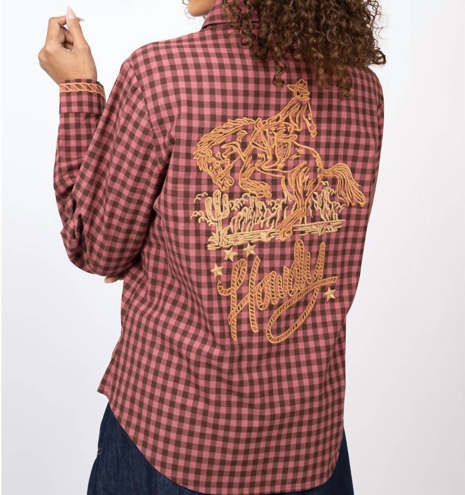 Ivy Jane Howdy Cowboy Plaid Shirt in pink - women's shirt - detail view