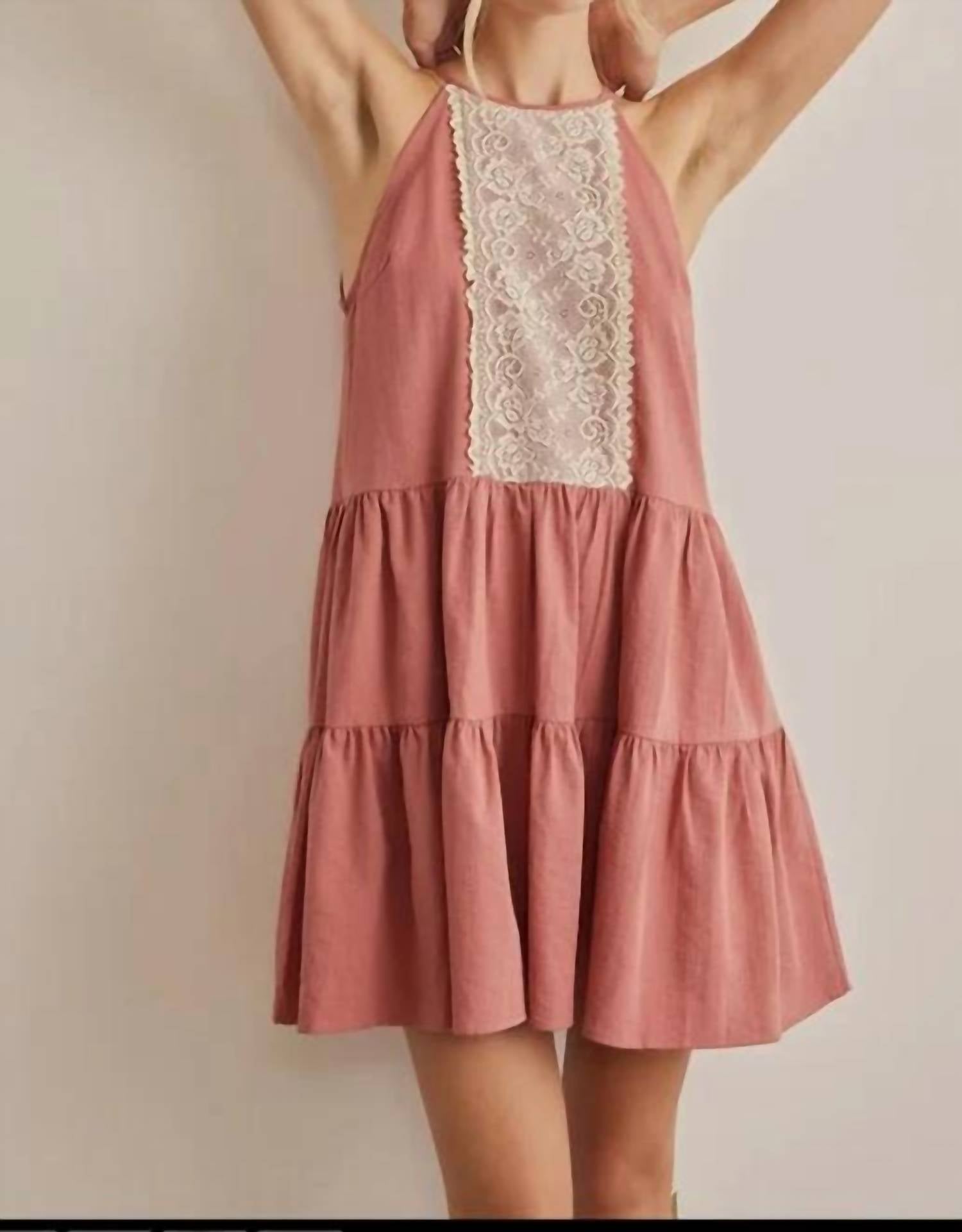 In February - Lace Contrast Tiered Halter Neck Mini Dress
