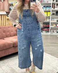 Little Daisy Closet - Women's Stella Distressed Bib Pocket Wide Leg Denim Overall