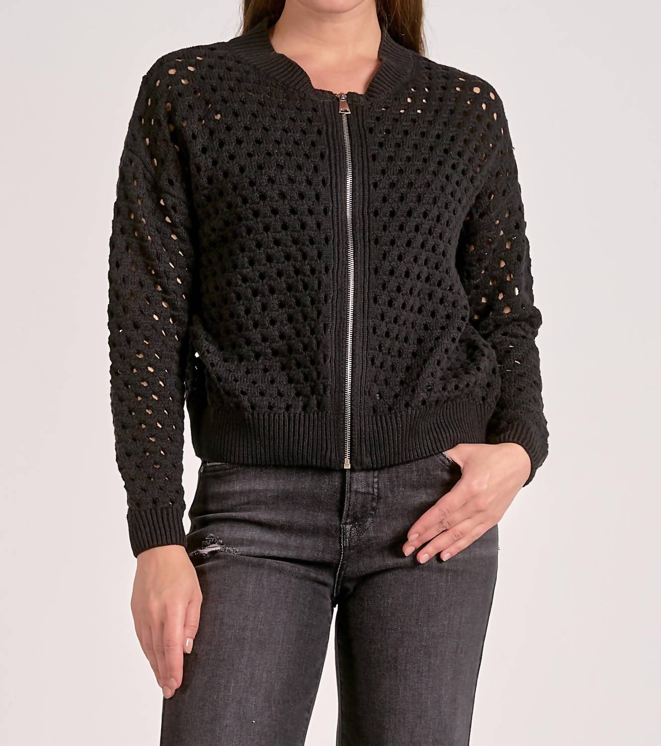ELAN Zip Up Sweater Cardigan in black - women's cardigan
