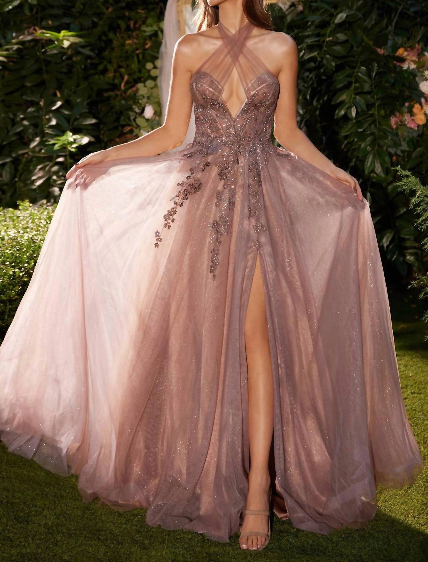 Ladivine Glitter Tulle Halter Gown in rosewood - women's dress