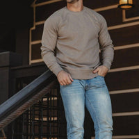 The Normal Brand Puremeso Everyday Crew Top in taupe - men's long sleeve top - detail view