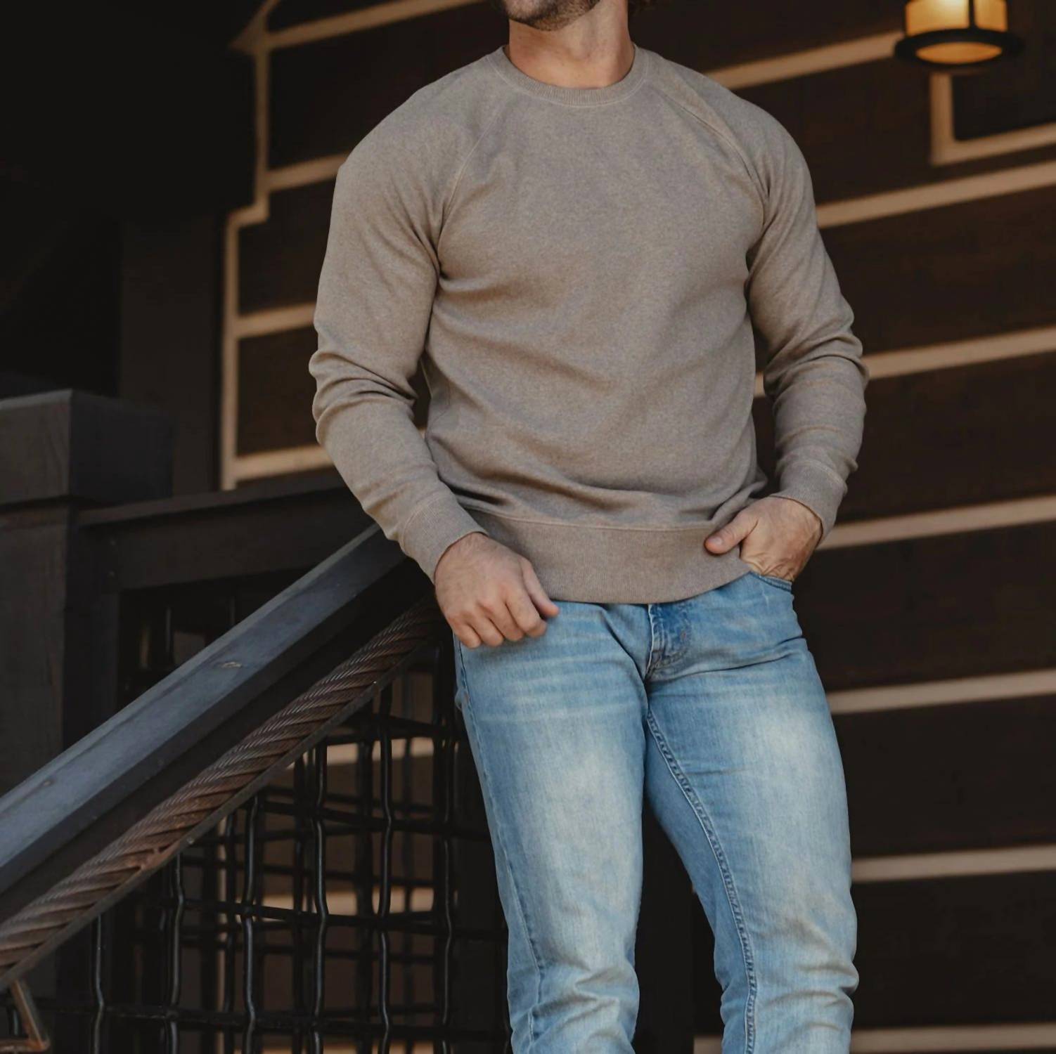 The Normal Brand Puremeso Everyday Crew Top in taupe - men's long sleeve top - detail view