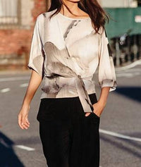 CLARA SUNWOO Watercolor Knit Shirt With Side Tie in taupe multi - women's blouse