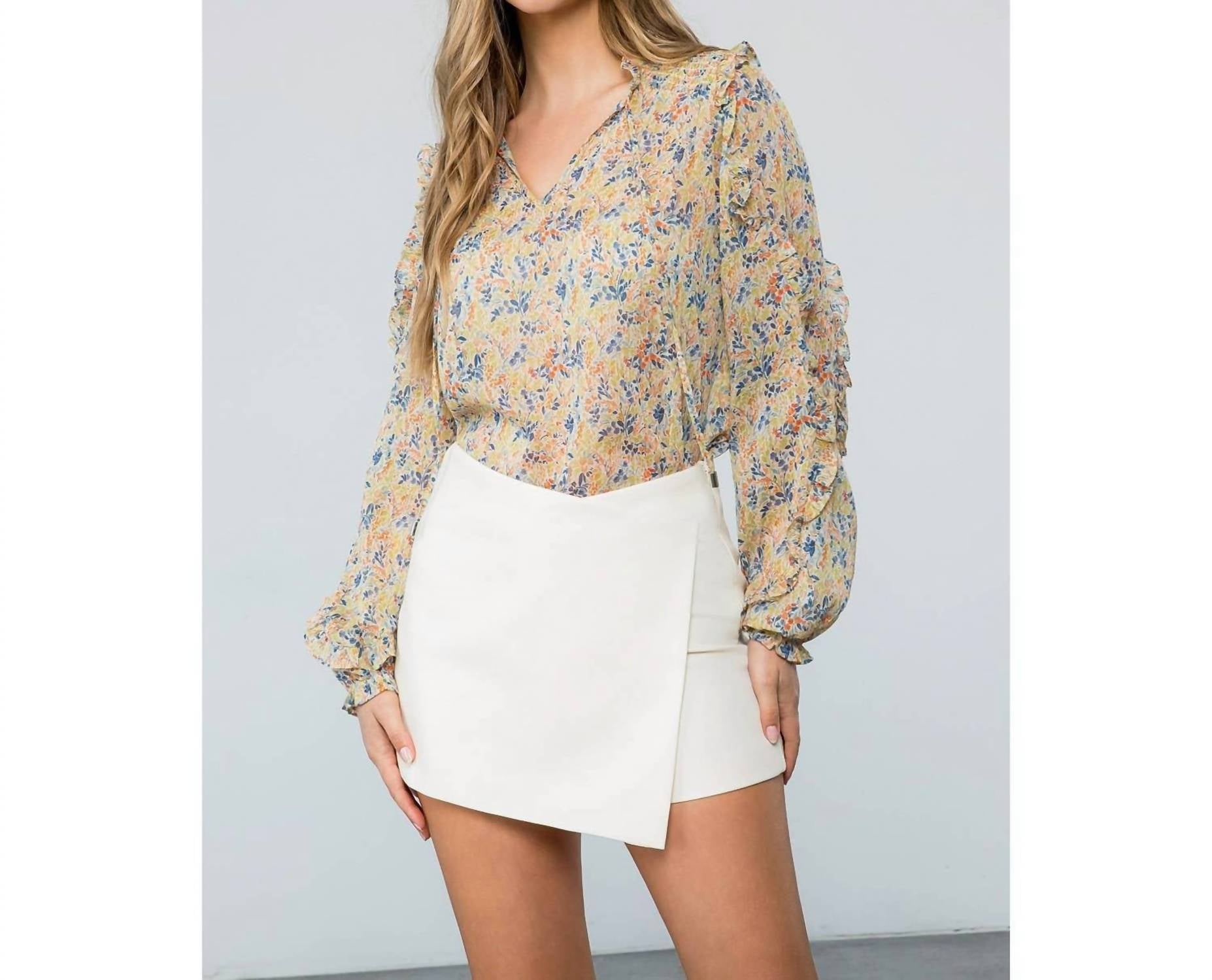 THML Flower Print Long Sleeve Blouse in floral beige - women's blouse - view 5