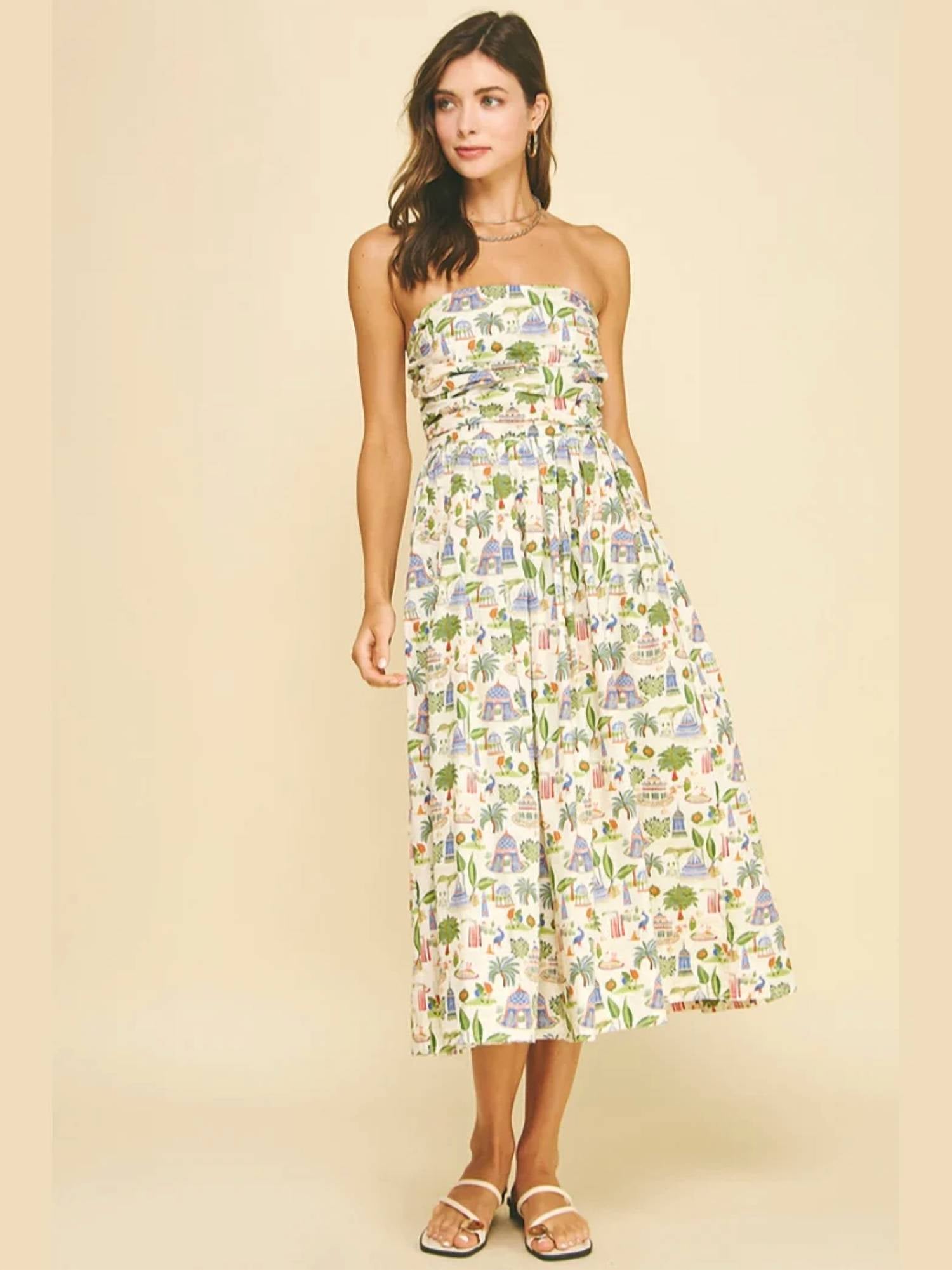 Pinch - Tropical Scenic Print Strapless Midi Dress