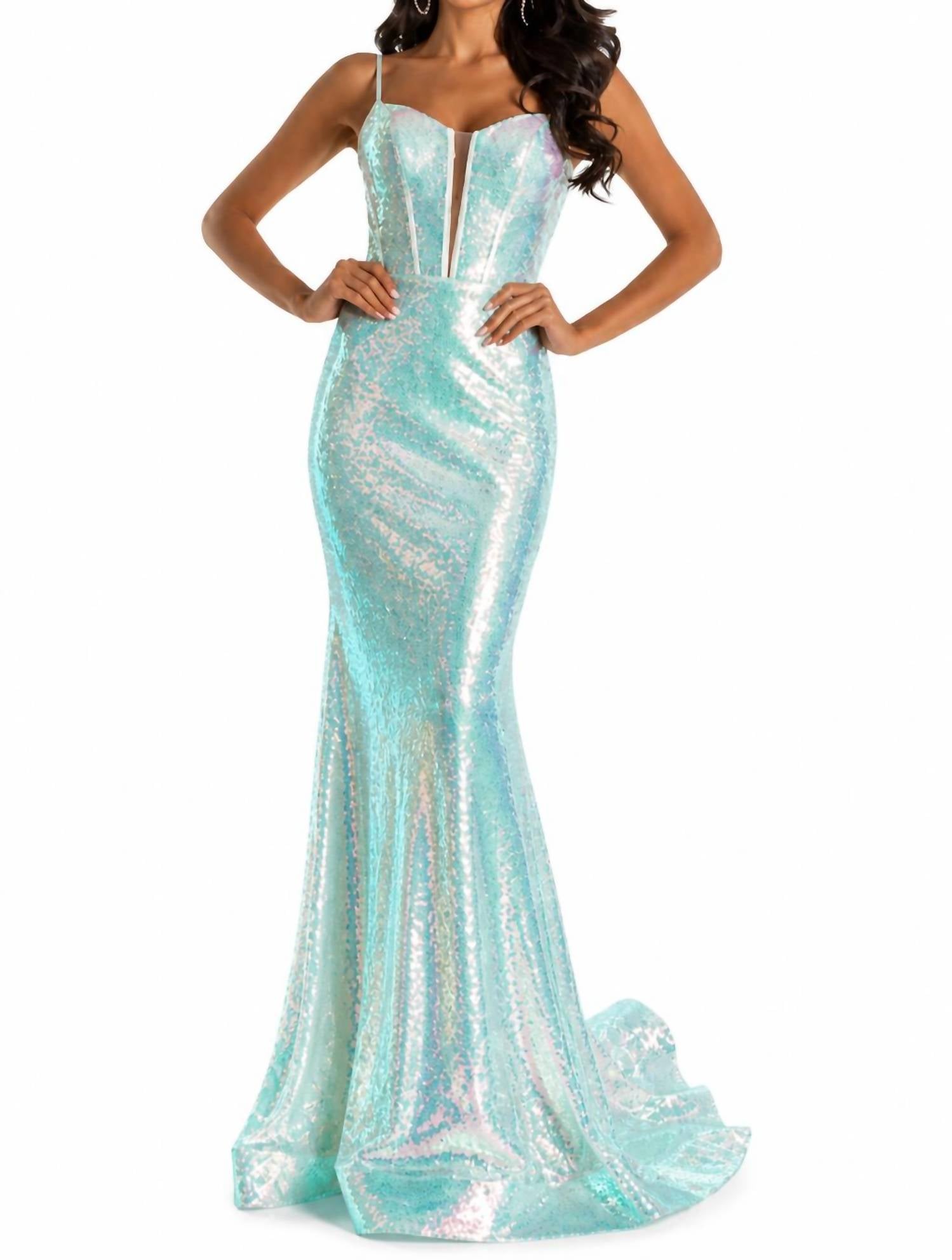 Sherri Hill Sequin Fitted Gown With Corset Top in light green - women's dress