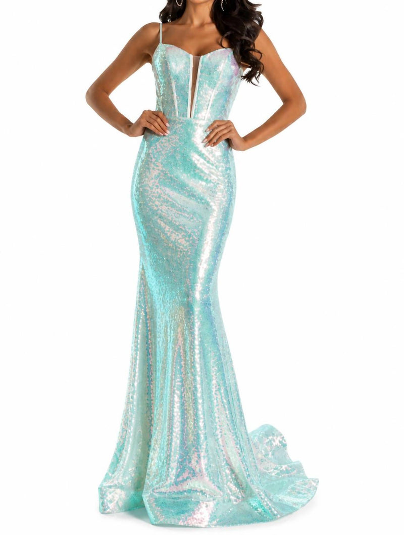 Sherri Hill Sequin Fitted Gown With Corset Top in light green - women's dress