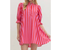 Style USA Striped Puff Sleeve Mini Dress in pink - women's dress