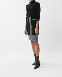 Joseph Ribkoff Long Sleeve Midi Dress in black white silver - women's dress - detail view