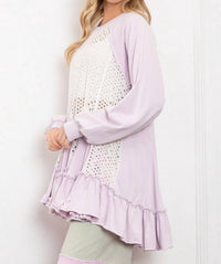 Blue Velvet Sheer Eyelet Front Contrast Ruffle Bottom Hi-lo Tunic in lilac - women's shirt - detail view