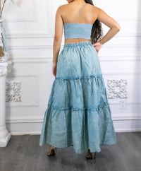 Surelymine - Woven Vintage Washed Maxi Skirt With Ribbed Double Strap Set