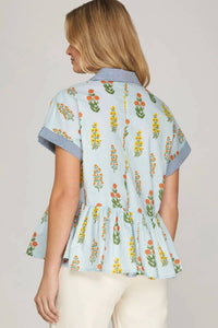 She + Sky - Drop Shoulder Button Down Printed Top