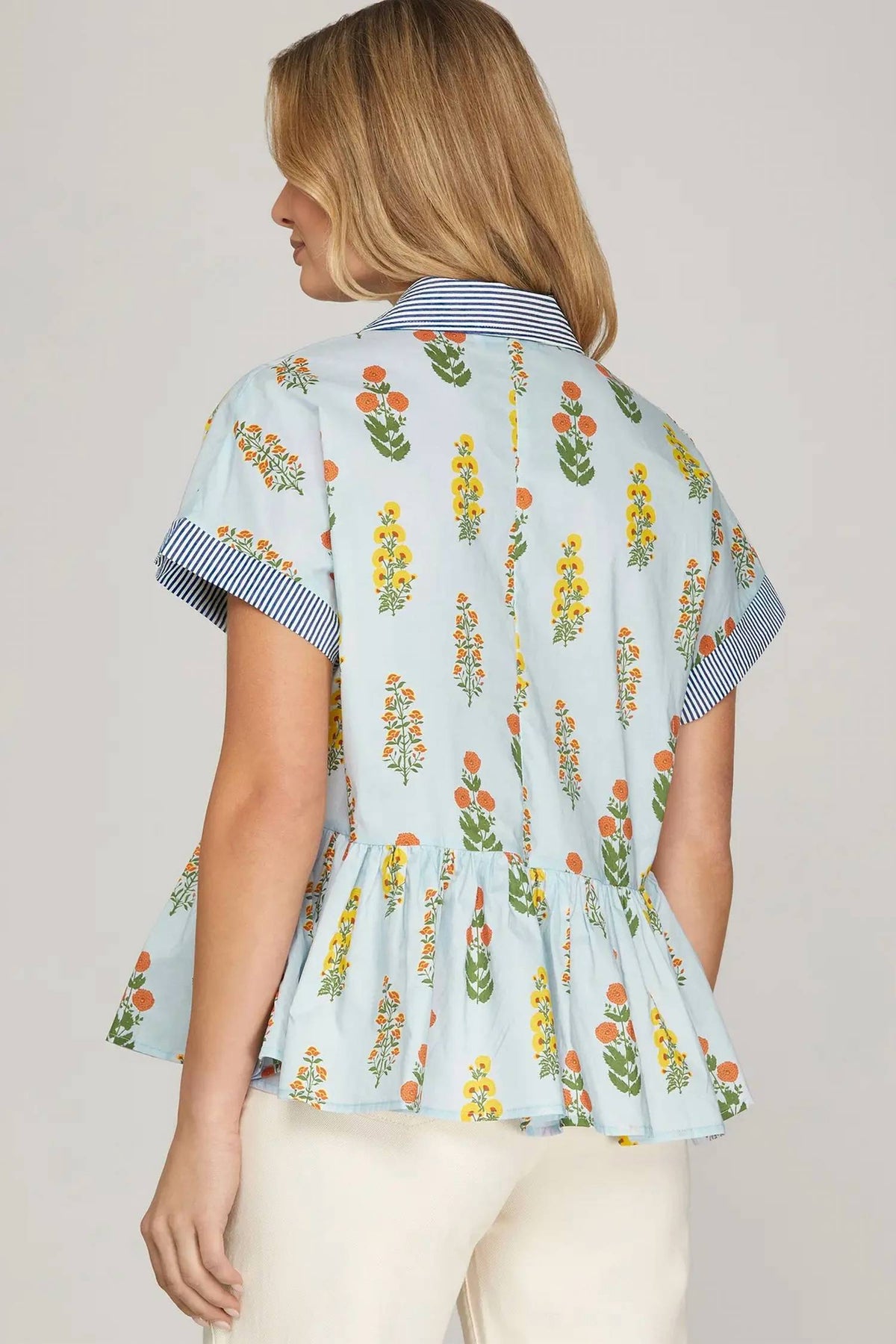 She + Sky - Drop Shoulder Button Down Printed Top