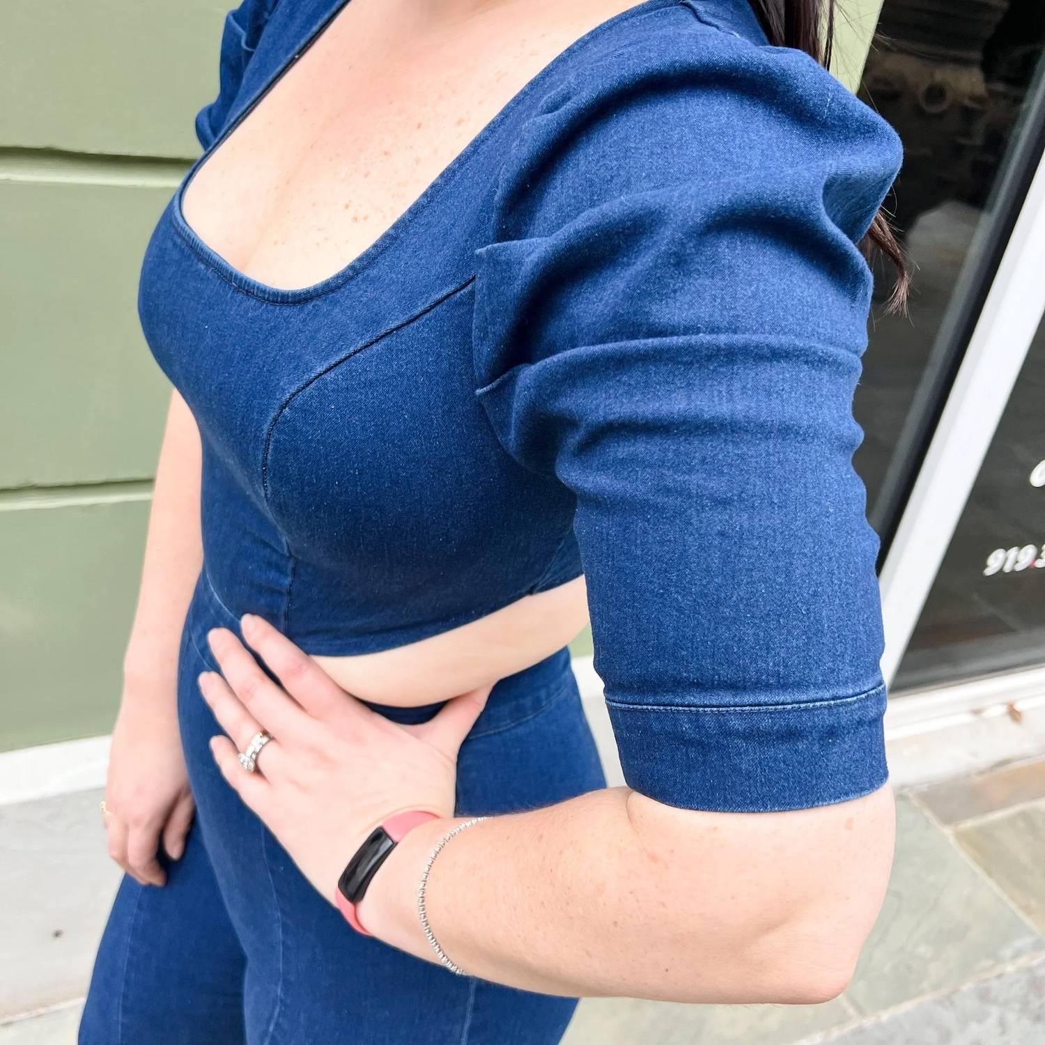 Flying Tomato - Square Neckline Denim Jumpsuit