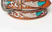 American Darling Women's Tooled Leather Western Belt in turquoise feathers - women's accessory